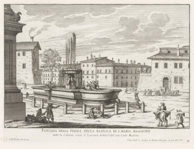 Fontein a Piazza di Santa Maria Maggiore Rómában Szökőkút a S. Maria Maggiore-bazilika terén (cím a tárgyon) Róma szökőkútjai (sorozat címe) Fonteinen van Rome (sorozat címe) alkotó: Giovanni Battista Falda