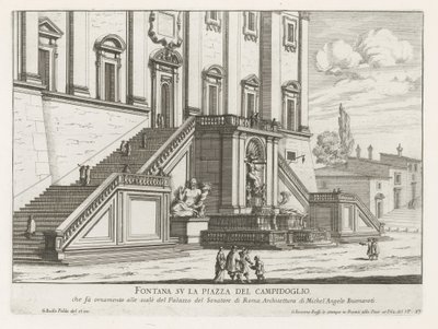 Szökőkút a római Capitolium Palazzo Senatorio épülete előtt Fontana su la Piazza del Campidoglio (cím a tárgyon) Fontane di Roma (sorozat címe) Róma szökőkútjai (sorozat címe) alkotó: Giovanni Battista Falda