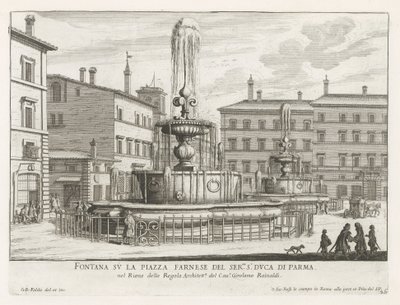 Fonteinen a Piazza Farnese te Rómában Szökőkút a ser.mo s.r Duca di Parma Piazza Farnese-n (cím a tárgyon) Róma szökőkútjai (sorozat címe) Fonteinen van Rome (sorozat címe) alkotó: Giovanni Battista Falda