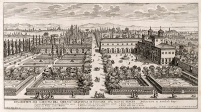 A római Villa Medici kertjének perspektívája, Giovanni Battista Falda (1640 vagy 1643-1678) metszete Li Giardniból (A kertek) alkotó: Giovanni Battista Falda