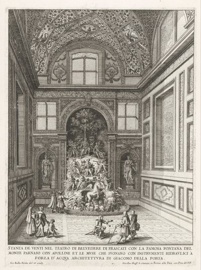 Stanza dei Venti in de tuinen van de Villa Aldobrandini te Frascati A szelek szobája a Frascati-i Belvedere Színházban (...) (cím a tárgyon) Frascati villáinak szökőkútjai (sorozat címe) Fonteinen van Frascati (sorozat címe) alkotó: Giovanni Battista Falda