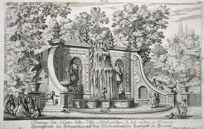 Színházi szökőkút a Villa Aldobrandina-ban, Frascati, 1675 körül, a „Le Fontane”-ból, 1687 előtt (metszet) alkotó: Giovanni Battista Falda