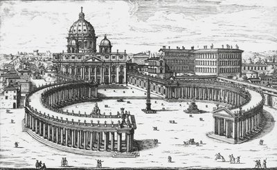 Vatikán, kilátás a Piazza San Pietro-ra, a Szent Péter-bazilikával és a Vatikáni palotákkal, Giovanni Battista Falda metszetével. 1665 alkotó: Giovanni Battista Falda