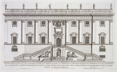 Kilátás a római Piazza del Campidoglio-n található Palazzo Senatorio homlokzatára, Michelangelo Buonarroti (1475-1564) és Girolamo Rainaldi (1570-1655) befejezte. alkotó: Giovanni Battista Falda