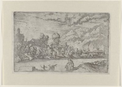 Folyói táj Krisztus keresztségével (cím a tárgyon) Tájképek Krisztus életének jeleneteivel (sorozat címe) alkotó: Giovanni Battista Fontana