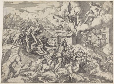 Aeneas katonái Latinus király szolgái ellen harcolnak alkotó: Giovanni Battista Fontana