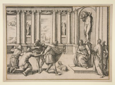 Férfi ül egy Bacchus-szobor alatt, és közönséget fogad alkotó: Giovanni Battista Franco (called Il Semolei)