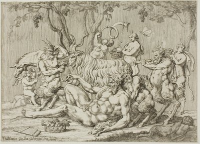 Silenus kecskékkel és szatírokkal fekvő Silenus alkotó: Giovanni Battista Galestruzzi