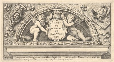 A Poloidoro nyomán készült nyomatsorozat címtáblája, cím egy pajzson, amelyet két putti támaszt meg, 1658. alkotó: Giovanni Battista Galestruzzi