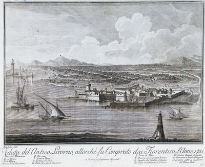 Kilátás Livorno kikötőjére, amikor a firenzeiek 1421-ben megvásárolták, metszet a város és Livorno kikötőjének legjobb kilátásait bemutató gyűjteményből alkotó: Giovanni Battista Guerazzi