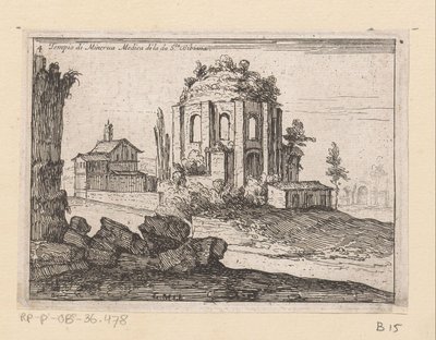 Resten van de Tempel van Minerva Medica egy tájban Minerva Medica di la da S.ta Bibiana temploma (cím a tárgyon) Gezichten op Rome (sorozat címe) Néhány nézet és perspektíva a római lakatlan helyekről (sorozat címe) alkotó: Giovanni Battista Mercati