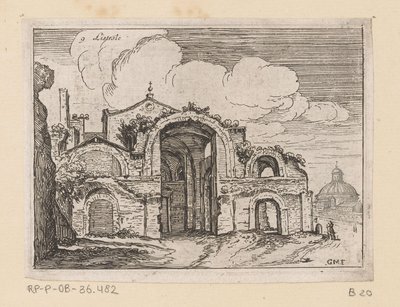 Diocletianus fürdőjének maradványai Rómában Listesse (cím az objektumon) Róma kilátásai (sorozat címe) Alcune vedute et prospettive di luoghi dishabitati di Roma (sorozat címe) alkotó: Giovanni Battista Mercati
