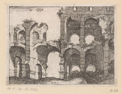 A római Colosseum maradványai Listesso (cím az objektumon) Róma kilátásai (sorozat címe) Alcune vedute et prospettive di luoghi dishabitati di Roma (sorozat címe) alkotó: Giovanni Battista Mercati