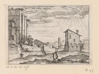 A római Palazzo Maggiore romjai és a közeli épületek Sallo pallazo Maggiore (cím a tárgyon) Róma kilátásai (sorozat címe) Alcune vedute et prospettive di luoghi dishabitati di Roma (sorozat címe) alkotó: Giovanni Battista Mercati