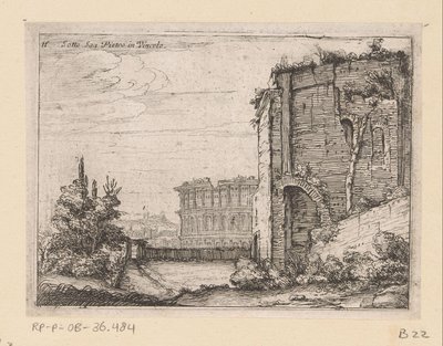 Az ókori épület romjai és a Colosseum Rómában Sotto San Pietro in Vincolo (cím a tárgyon) Róma kilátásai (sorozat címe) Alcune vedute et prospettive di luoghi dishabitati di Roma (sorozat címe) alkotó: Giovanni Battista Mercati