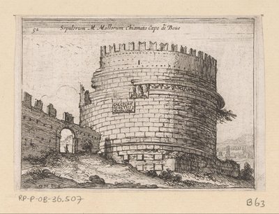 Tombe van Caecilia Metella Rómában Sepulcrum M. Mallorum, Boue-fok (cím a tárgyon) Gezichten op Rome (sorozat címe) Néhány nézet és perspektíva a római lakatlan helyekről (sorozat címe) alkotó: Giovanni Battista Mercati