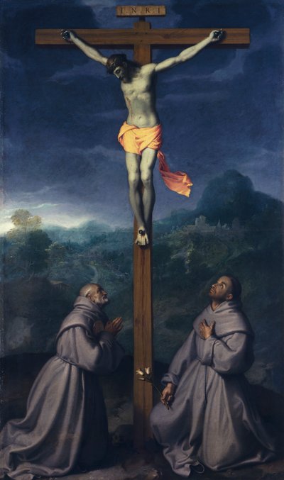 Keresztre feszítés Szent Bernardinóval és Páduai Anthonyval, Giovanni Battista Moroni (1525-1578), olaj, vászon, 226x133 cm, San Giuliano templom, Albino alkotó: Giovanni Battista Moroni