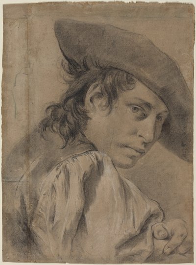 Fiatal férfi széles karimájú kalapban alkotó: Giovanni Battista Piazzetta