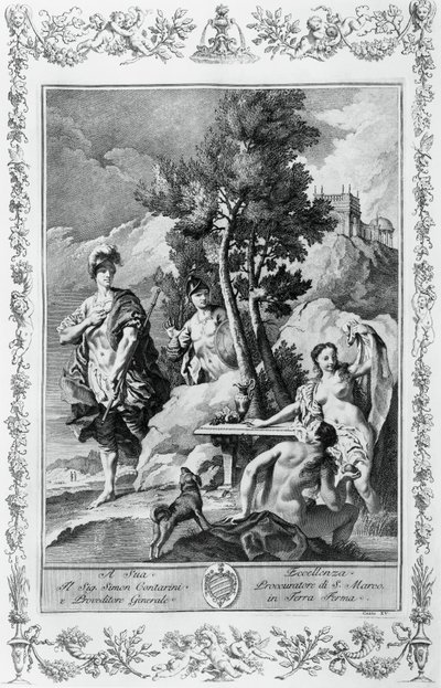 Carlo és Ubaldo a Happy Islandsben, metszet, Giovanni Battista Piazzetta (1683-1754) a jeruzsálemi XV. énekhez Kiadva, Torquato Tasso (1544-1595), Giovanni Battista Albrizzi kiadás, Velence, Olaszország alkotó: Giovanni Battista Piazzetta