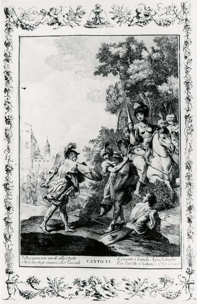 Párbaj Ottone és Tancredi között Clorinda jelenlétében, VI. ének, Jeruzsálem kézbesítve alkotó: Giovanni Battista Piazzetta
