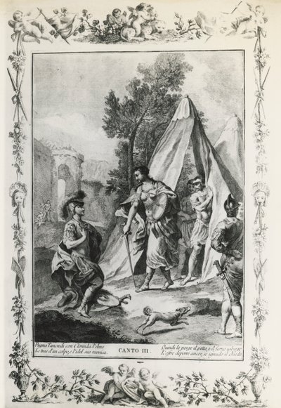 Jeruzsálem elszabadult, III. ének, Giovanni Battista Piazzetta (1683-1754) illusztrációja Torquato Tasso (1544-1595) verséhez, 1745-ben Velencében kiadott kiadás, Itália alkotó: Giovanni Battista Piazzetta