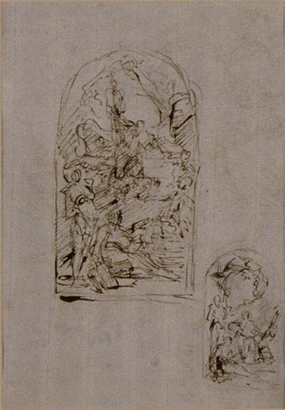 Vázlatok egy oltárhoz Cortonai Szent Margit, Szent Sebestyén és Szent Rókus ábrázolásával (recto); Két vázlat egy oltárhoz (verso). alkotó: Giovanni Battista Piazzetta