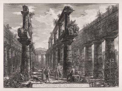 A., B. A Neptunusz-templomban lévő két oszlopsor maradványainak látképe, amelyek oldalt a cella oszlopcsarnokait alkották, és az épület tetőzetét tartották ... alkotó: Giovanni Battista Piranesi