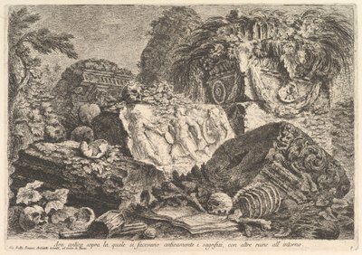 Ősi oltár, amelyen az ókorban áldoztak, más romokkal körülvéve..., kb. 1750. alkotó: Giovanni Battista Piranesi