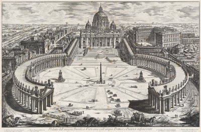 A híres vatikáni bazilika látképe széles oszlopcsarnokkal és a hozzá csatlakozó előtérrel alkotó: Giovanni Battista Piranesi