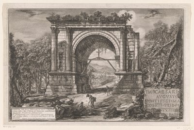 Boog van Augustus te Aosta Kilátás az Augustus tiszteletére épített boltívre, a piemonti Aosta város közelében, korábban Augusta Praetoria Salassorum (cím az objektumon) Enige gezichten op door Romeinen gebouwde triomfbogen en andere monumenten (sorozat alkotó: Giovanni Battista Piranesi