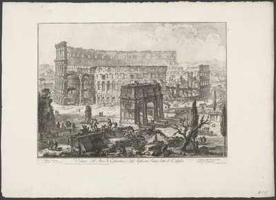 Boog van Constantijn a Colosseumban Rómában Kilátás Konstantin diadalívére és a Colosseumként ismert Flavius-amfiteátrumra (cím a tárgyon) Gezichten op Rome (sorozat címe) Róma kilátását Giambattista Piranesi építész, Ve (nez) ian tervezte és metszett alkotó: Giovanni Battista Piranesi
