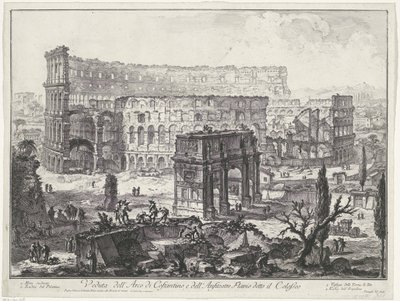 Boog van Constantijn a Colosseumban Rómában Kilátás Konstantin diadalívére és a Colosseumként ismert Flavius-amfiteátrumra (cím a tárgyon) Gezichten op Rome (sorozat címe) Róma kilátását Giambattista Piranesi építész, Ve (nez) ian tervezte és vésette alkotó: Giovanni Battista Piranesi