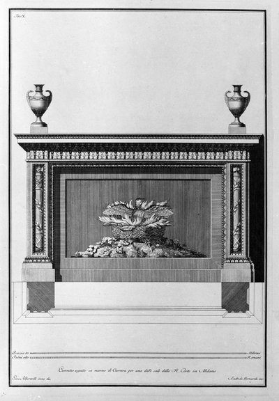 Carrarai márvány kandalló projekt egy milánói nappaliba. Giovanni Piranesi (piranese) rajza (1720-1778). alkotó: Giovanni Battista Piranesi