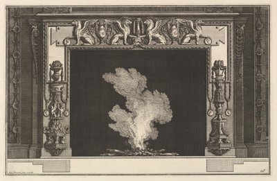 Kéménydarab: Sértett griffonok a szemöldökön és kandeláberek a korlátokon Ch. accomp..., kb. 1769. alkotó: Giovanni Battista Piranesi
