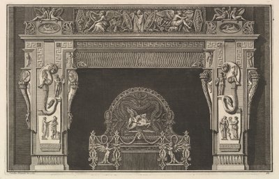 Kéménydarab: Trófeák fríze és szárnyas győzelmek a szemöldökön, bőségszarukkal ..., kb. 1769. alkotó: Giovanni Battista Piranesi