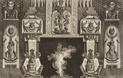 Egyiptomi stílusú kandalló: mindegyik ajtófélen három guggoló alakból álló csoport alkotó: Giovanni Battista Piranesi