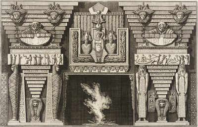 Egyiptomi stílusú kandalló: balra két profilból ábrázolt múmia, jobbra két obeliszkeket hordozó alak. alkotó: Giovanni Battista Piranesi