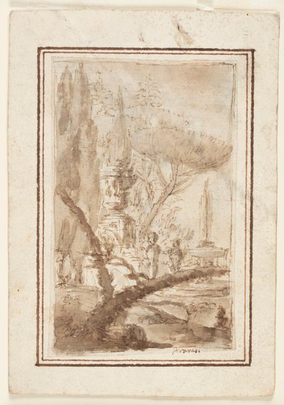 Fantázia egy kertről monumentális urnával, szobrokkal és szökőkúttal alkotó: Giovanni Battista Piranesi