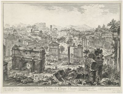 Forum Romanum te Rome Kilátás a Campo Vaccino-ra (cím a tárgyon) Gezichten op Rome (sorozat címe) Róma látképeit Giambattista Piranesi építész, Ve(nez)iano rajzolta és vésette (sorozat címe) alkotó: Giovanni Battista Piranesi