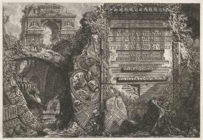 A frontispiece antik romokkal találkozott a diadalút során A „Le Antichità Romane” I. kötetének előlapja I. B. Pranesius Venet Róma, korában élve az utókornak és a javára alkotó: Giovanni Battista Piranesi