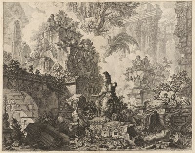 Frontispiece, Fantasy of Ruins Minerva szoborral a középső előtérben, a Vedute di Romából (Római kilátás) alkotó: Giovanni-Battista Piranesi