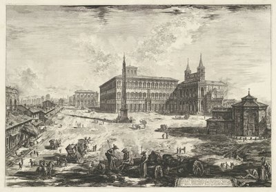 Gezicht op het Lateraan te Rome met de Sint-Jan van Lateranen Kilátás a Piazza-ra és a Laterano-i S. Giovanni-bazilikára (cím a tárgyon) Gezichten op Rome (sorozat címe) Róma kilátását Giambattista Piranesi építész, Ve (nez) ian tervezte és vésette alkotó: Giovanni Battista Piranesi