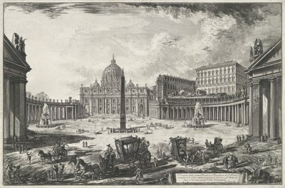 Kilátás a Szent Péter térre a Szent Péter-bazilikával a Vatikánban Veduta della gran Piazza e Basilica di S. Pietr (...) (cím a tárgyon) Róma kilátásai (sorozat címe) Vedute di Roma disegnate ed incise da Giambattista Piranesi architetto alkotó: Giovanni-Battista Piranesi