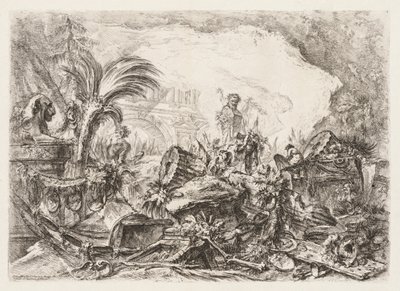 Groteschi: Romok egy faun szoborral és egy ledőlt oszloppal, kb. 1745-50. alkotó: Giovanni Battista Piranesi