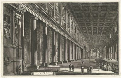 Interieur van de Santa Maria Maggiore Rómában A S. Maria Maggiore-bazilika belső képe (cím a tárgyon) Gezichten op Rome (sorozat címe) Róma látképei, amelyeket Giambattista Piranesi építész, Ve (nez) iano tervezett és vésett (sorozat címe) alkotó: Giovanni Battista Piranesi