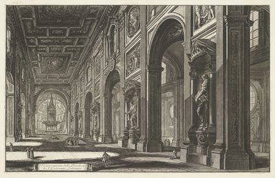 Interieur van de Sint-Jan van Lateranen te Róma A S. Giovanni Laterano-bazilika belső képe (cím a tárgyon) Gezichten op Rome (sorozat címe) Róma kilátásai, amelyeket Giambattista Piranesi építész, Ve (nez) iano tervezett és vésett (sorozat címe) alkotó: Giovanni Battista Piranesi