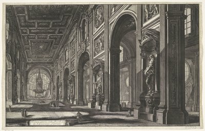 Interieur van de Sint-Jan van Lateranen te Róma A S. Giovanni Laterano-bazilika belső képe (cím a tárgyon) Gezichten op Rome (sorozat címe) Róma látképei, amelyeket Giambattista Piranesi építész, Ve (nez) iano tervezett és vésett (sorozat címe) alkotó: Giovanni Battista Piranesi