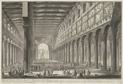 Interieur van de Sint-Paulus buiten de Muren te Rome A S. Paolo fuori delle Mur bazilika belső képe (...) (cím a tárgyon) Gezichten op Rome (sorozat címe) Róma kilátását Giambattista Piranesi építész, Ve (nez) iano tervezte és metszett alkotó: Giovanni Battista Piranesi