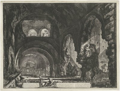 Interieur van de Tempel Hercules Victor te Tivoliban A Villa di Mecenate belső képe (cím a tárgyon) Gezichten op Rome (sorozat címe) Róma látképeit Giambattista Piranesi építész, Ve(nez)iano rajzolta és vésette (sorozat címe) alkotó: Giovanni Battista Piranesi