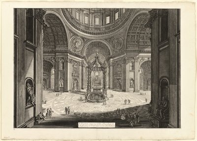 A vatikáni Szent Péter-bazilika belső nézete, a Tribün közelében, a Views of Rome (Nézetek Rómáról) című kiadványból. alkotó: Giovanni Battista Piranesi